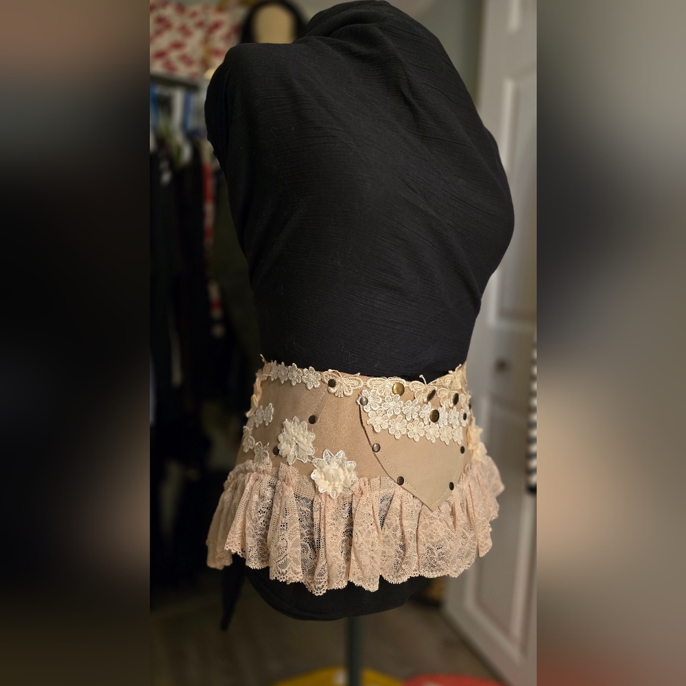 Cream Beige Leather and  Lace Micro Skirt
